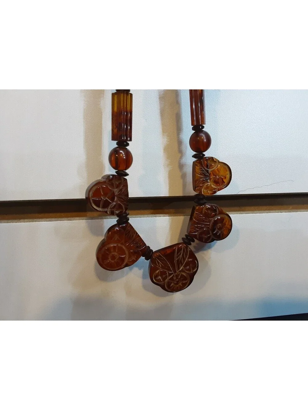 Vintage Rootbeer Bakelite Hand Carved Necklace, Choker